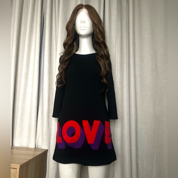 RARE Vintage Lisa Perry Black Long Sleeve Love Wool Mini Shift Dress - Picture 3 of 9